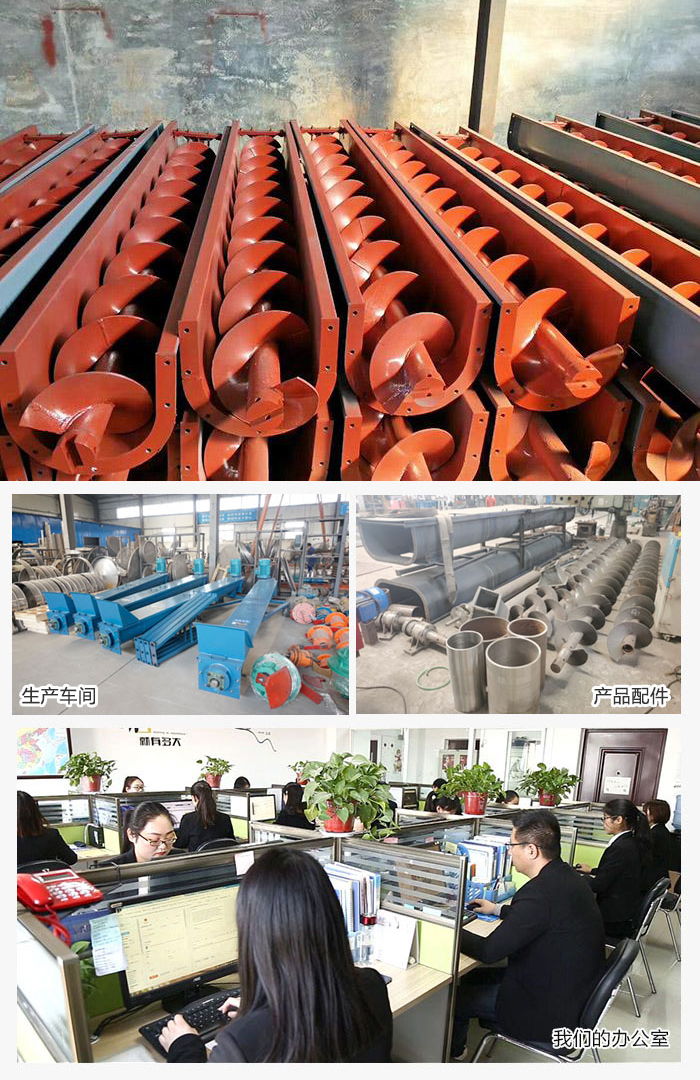 絞龍螺旋輸送機產(chǎn)品，廠區(qū)，以及辦公場地展示圖。
